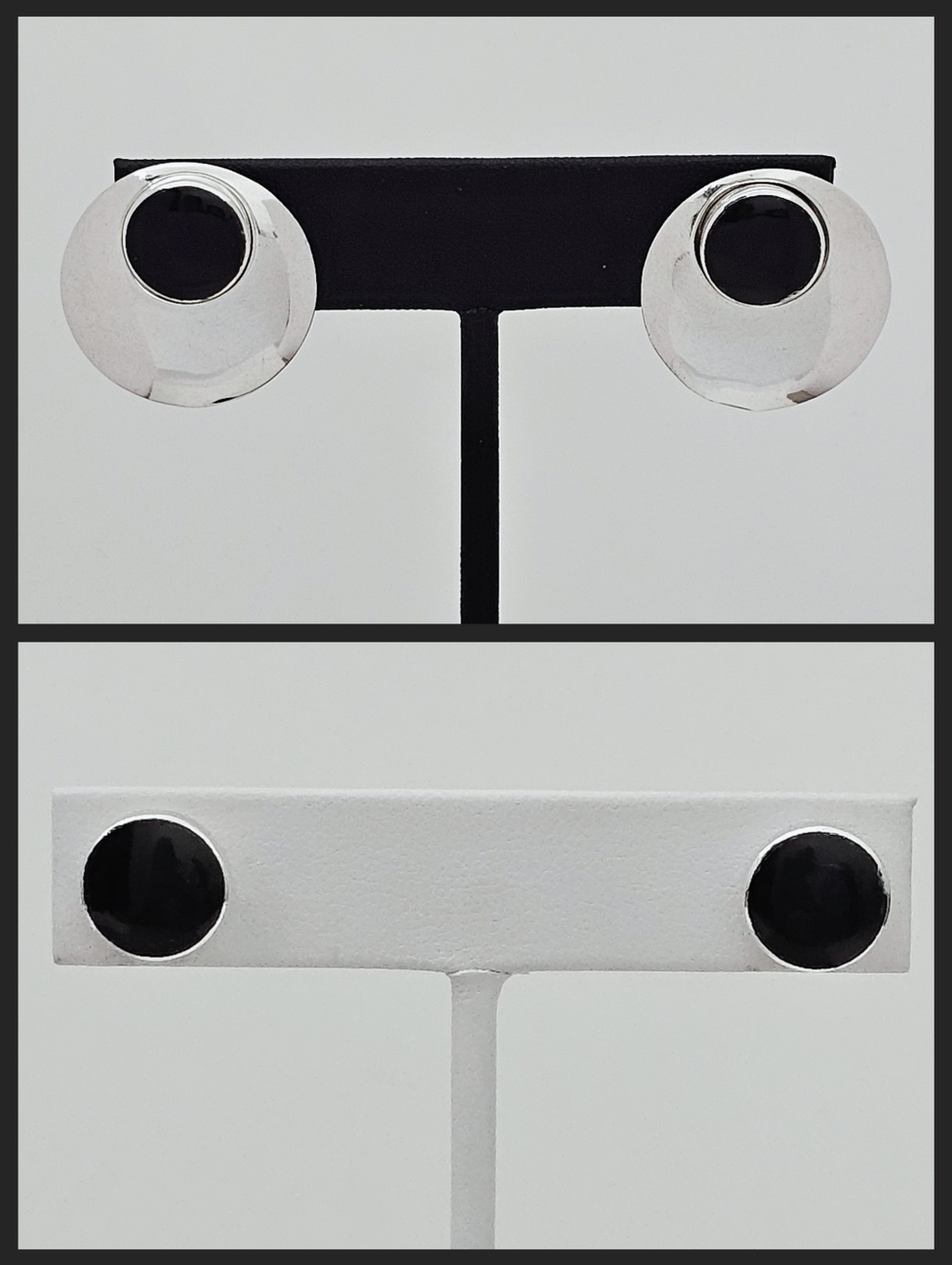 Artisan Sterling Silver Black Onyx Button 2-in-1 Circle Disc Earrings on Posts